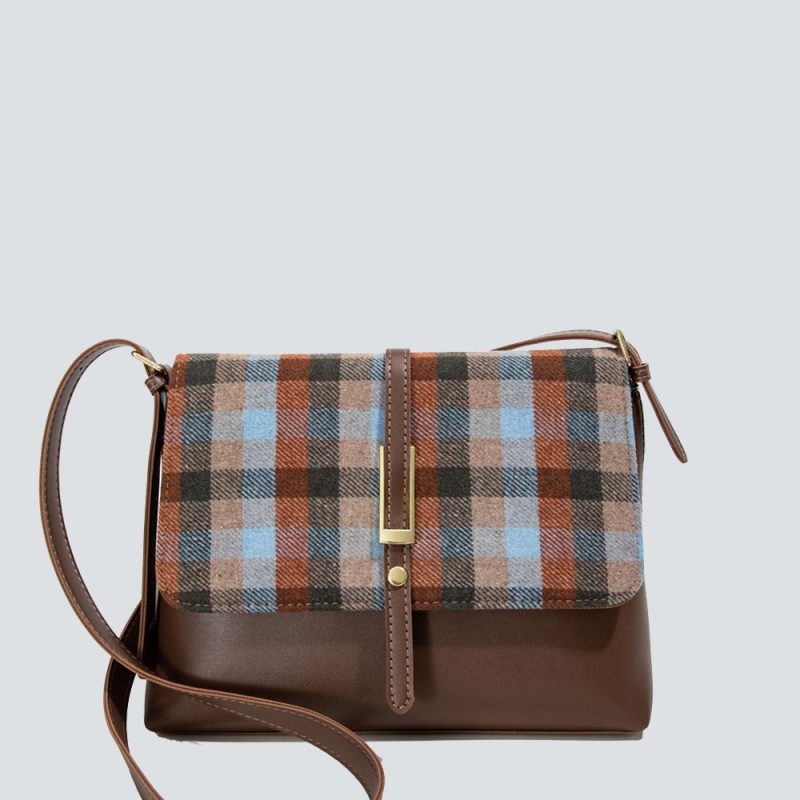 Plaid Leather-Trimmed Metal Buckle Crossbody Bag