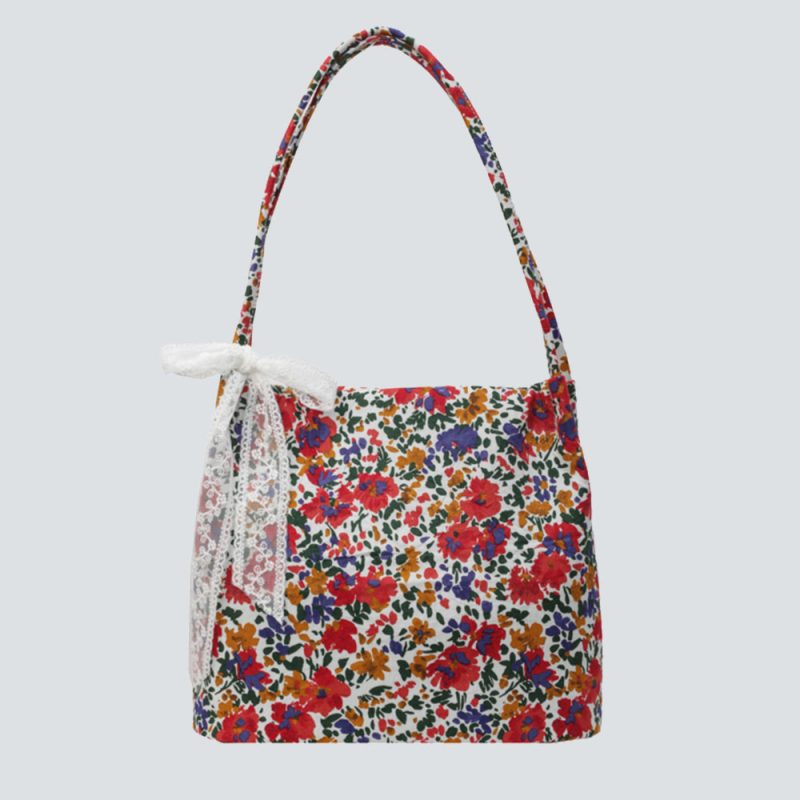 Woven/Floral Texture Lace Bow Tote Bag