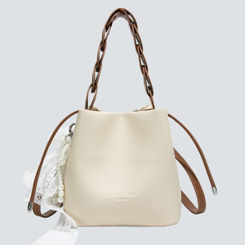Lace-Accented Braided Bucket Bag