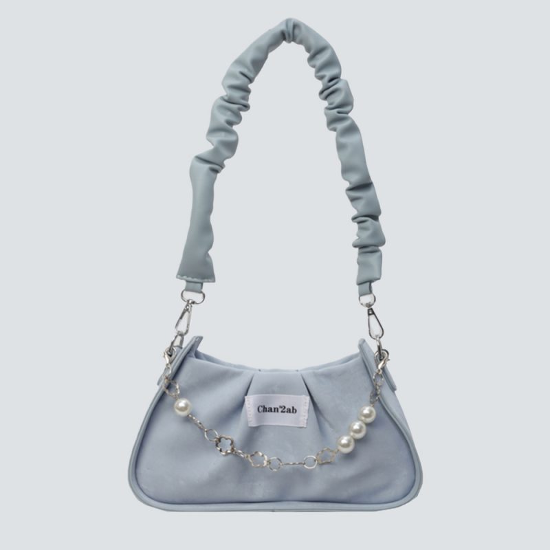 Velvet Ruched Top-Handle Bag with Pearl Accents