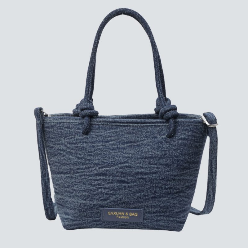 Denim Texture Tote Bag with Knotted Handles