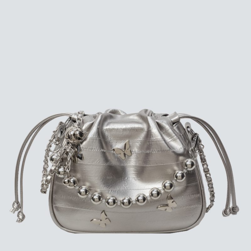 Metallic Ruched Crossbody Bag with Butterfly