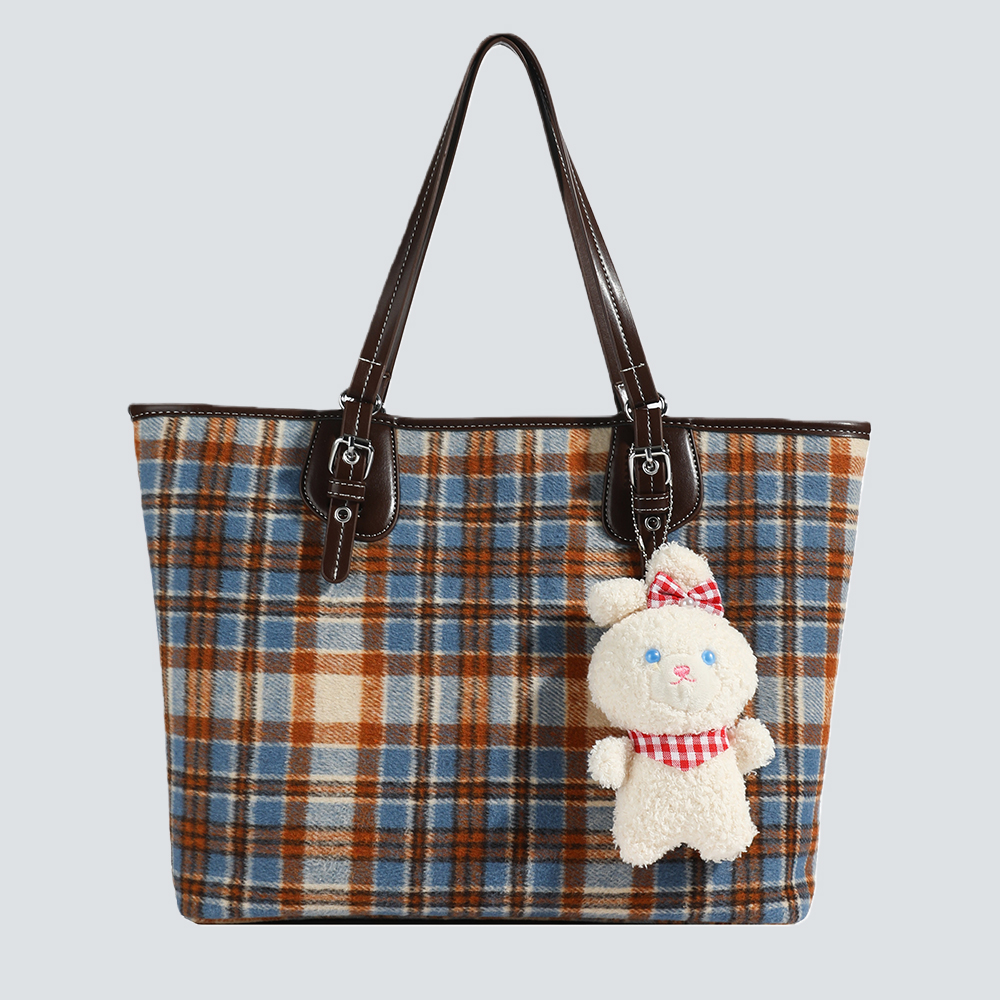 Plaid Tote Bag with Bunny Charm - Image 3