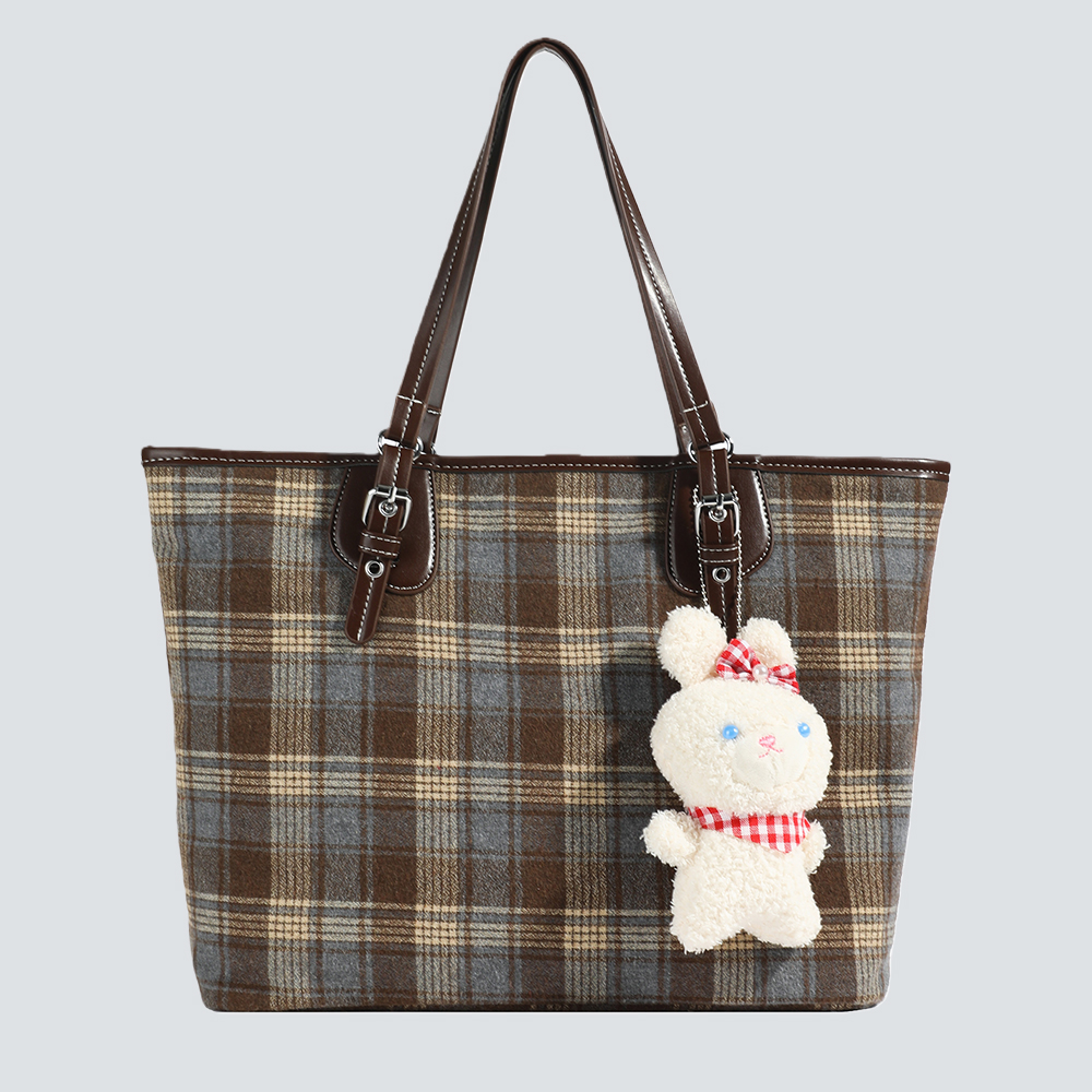 Plaid Tote Bag with Bunny Charm - Image 4