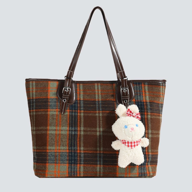 Plaid Tote Bag with Bunny Charm