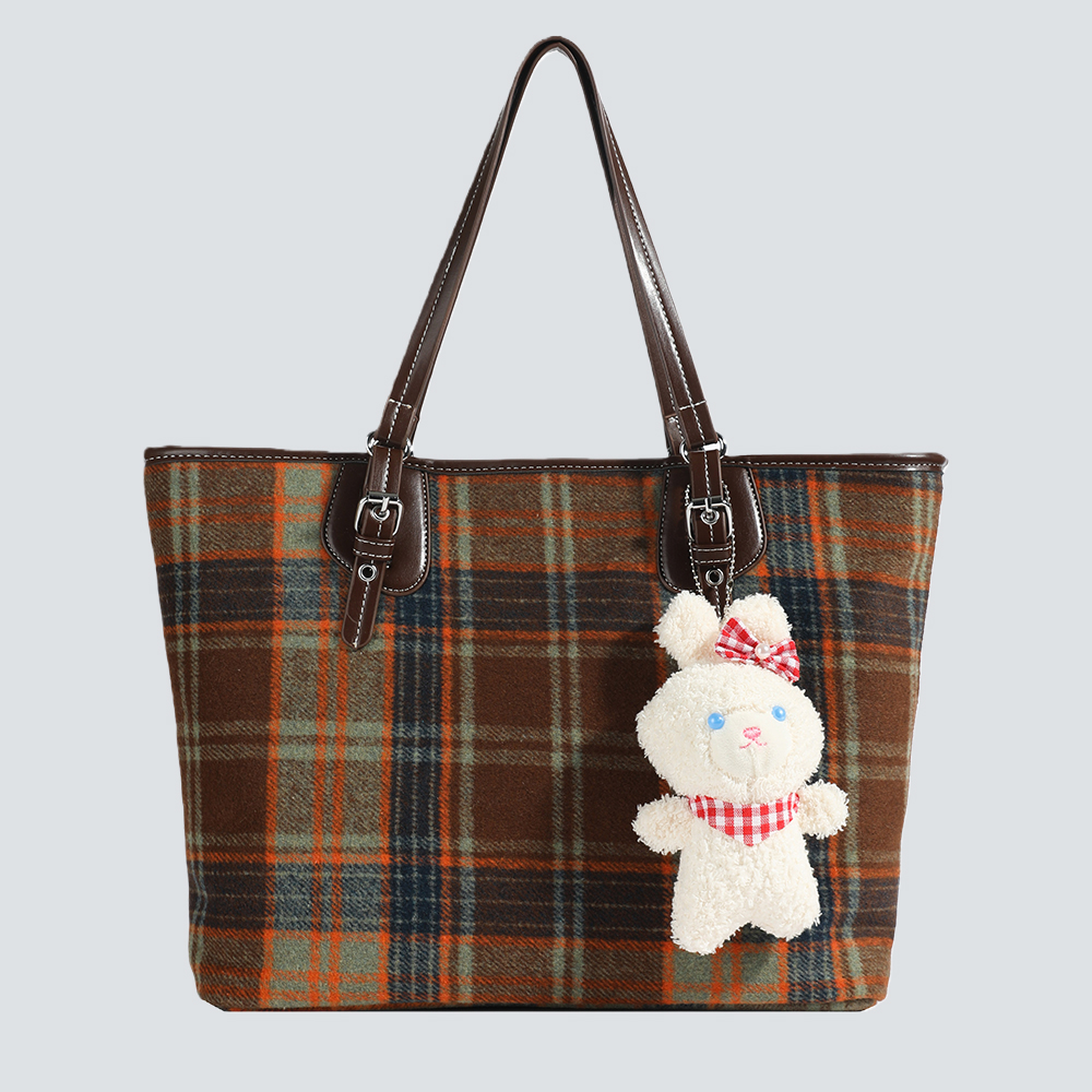 Plaid Tote Bag with Bunny Charm