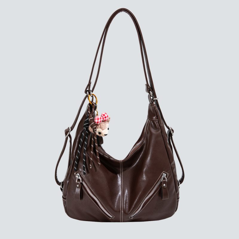 Leather Hobo Bag with Zipper Detail & Plush Charm
