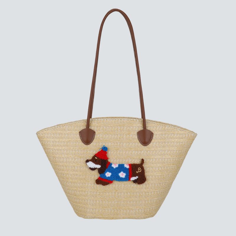 Woven Straw Tote Bag with Embroidered Accents