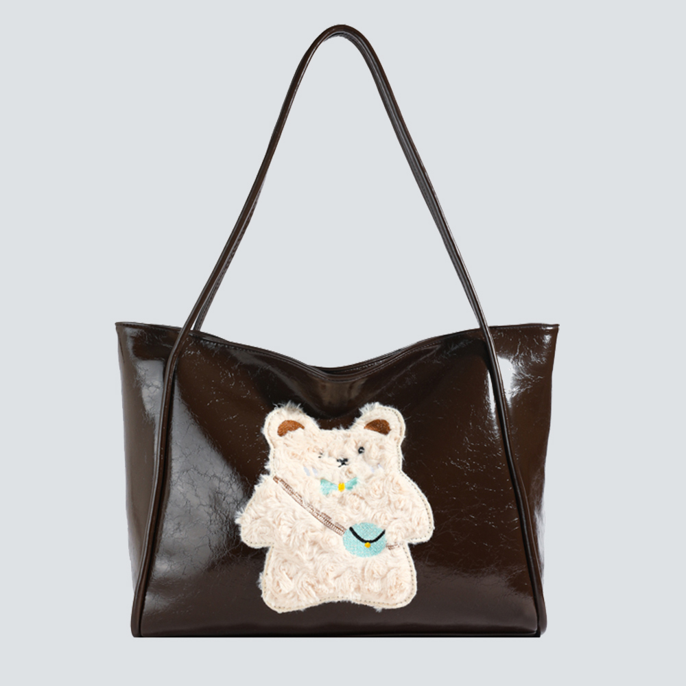 Glossy Leather Tote Bag with 3D Plush Embellishments - Image 3