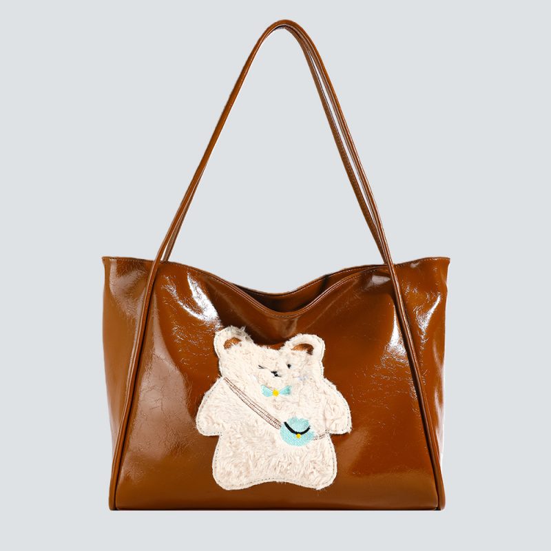 Glossy Leather Tote Bag with 3D Plush Embellishments