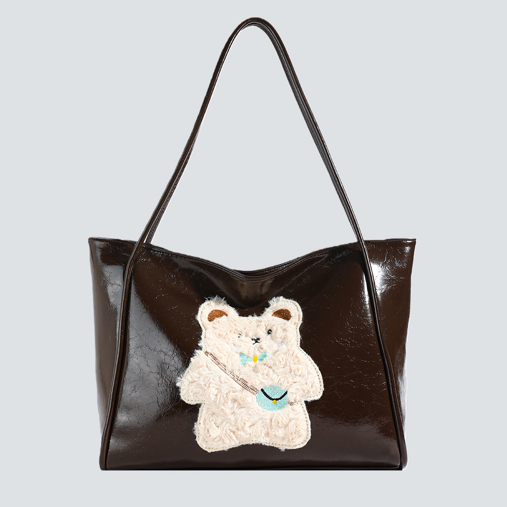 Glossy Leather Tote Bag with 3D Plush Embellishments - Image 4