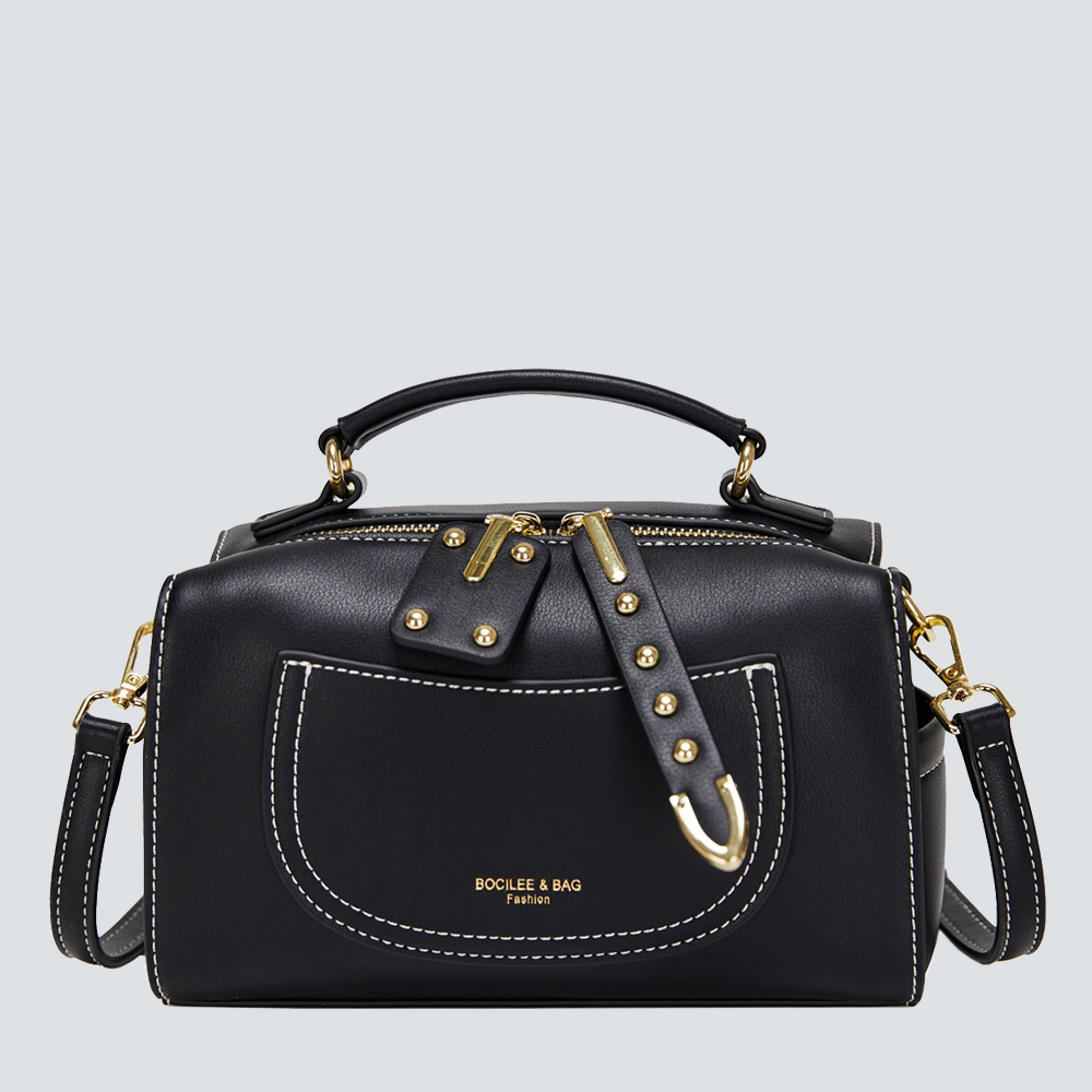 Structured Leather Satchel with Contrast Stitching & Gold Hardware - Image 3