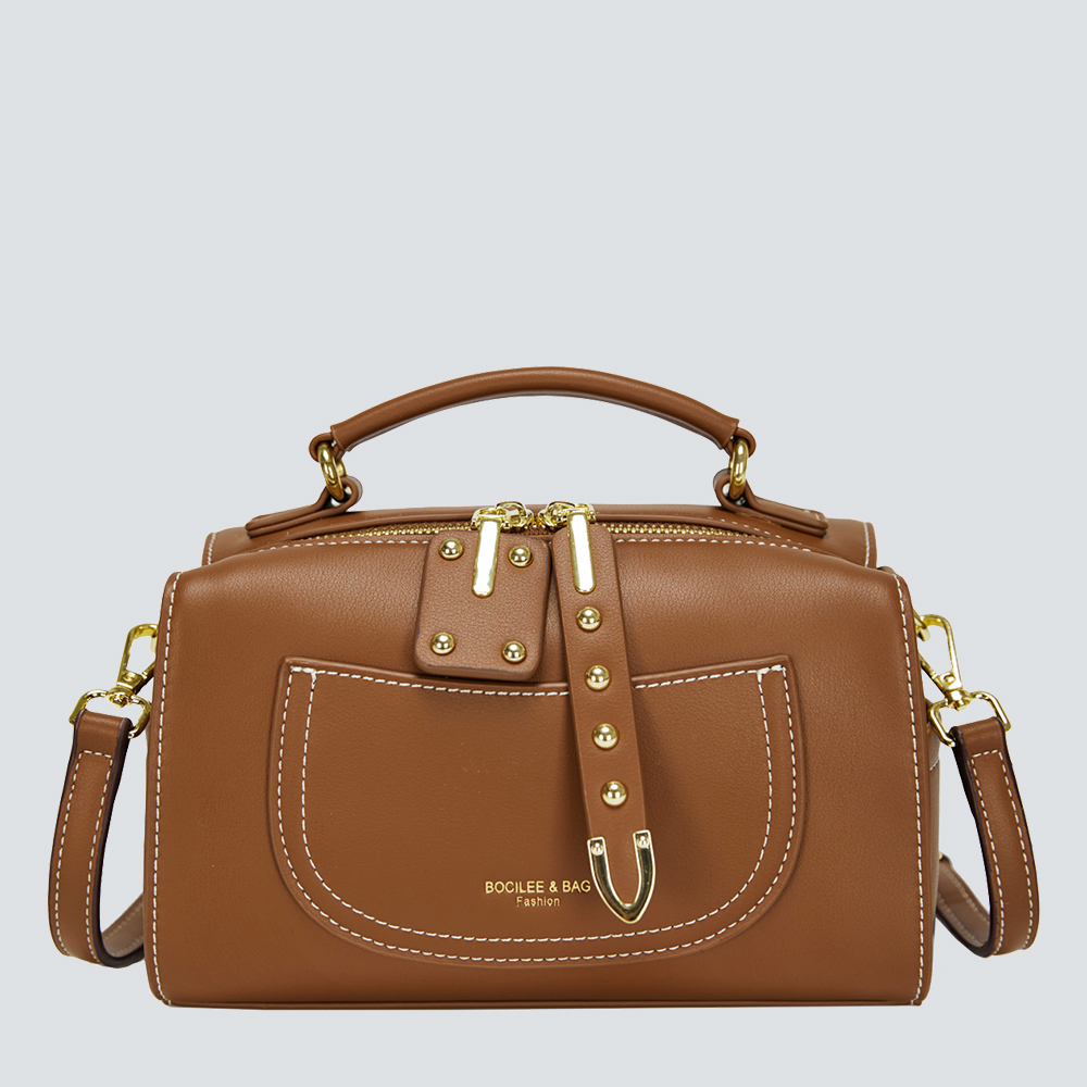 Structured Leather Satchel with Contrast Stitching & Gold Hardware - Image 4