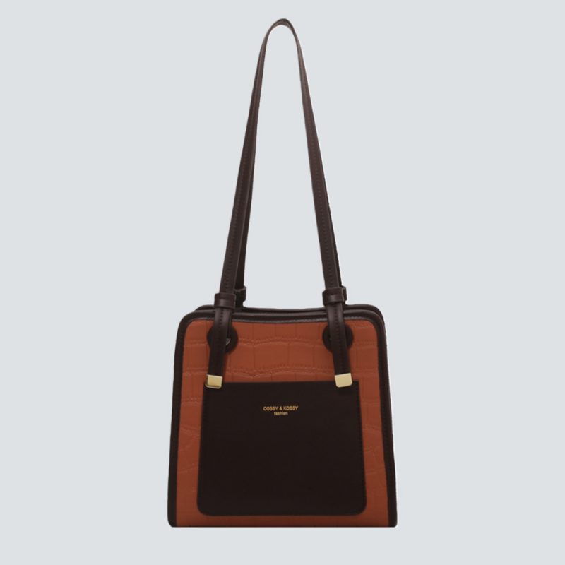 Two-Tone Croc-Embossed Leather Satchel with Gold Accents