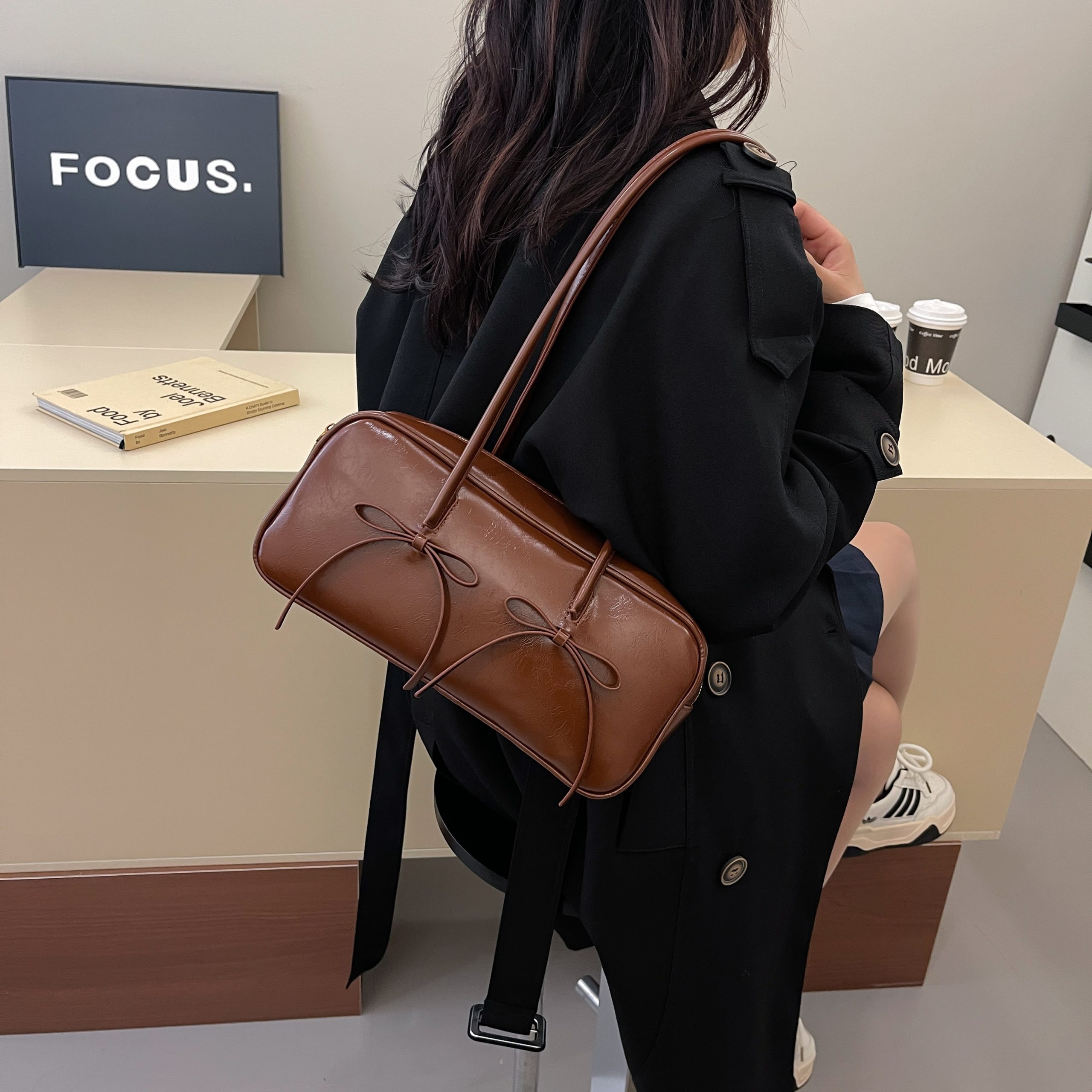 Glossy Leather Top-Handle Bag with Bow Detail - Image 6