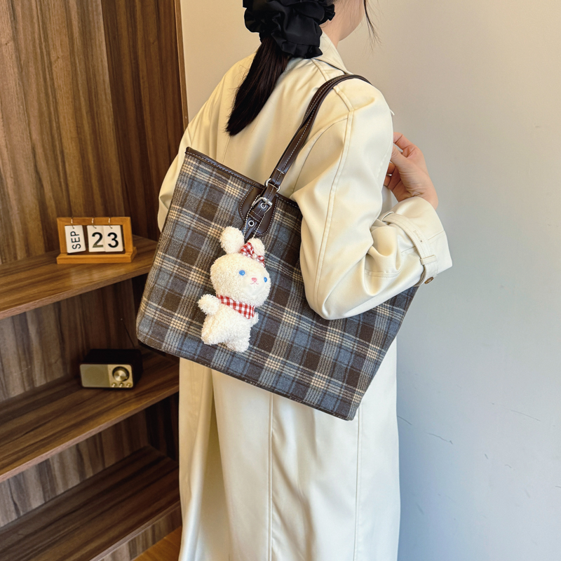 Plaid Tote Bag with Bunny Charm - Image 5