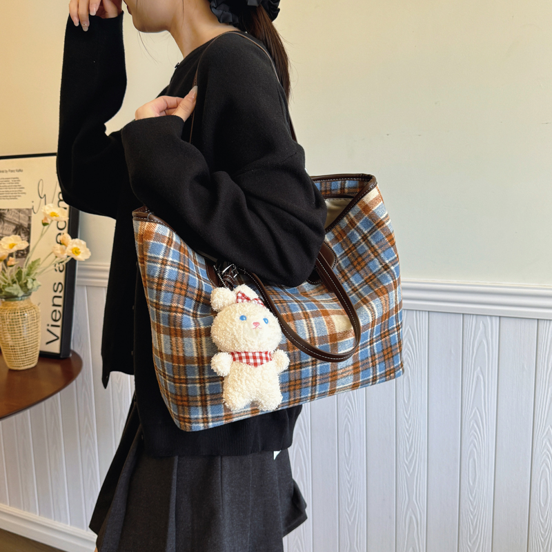 Plaid Tote Bag with Bunny Charm - Image 6
