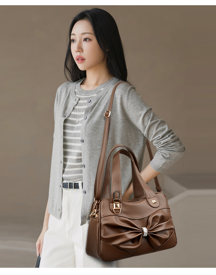 Rhinestone Bow Soft Leather Commute Tote Bag, Dual-use Crossbody Handbag - Image 5