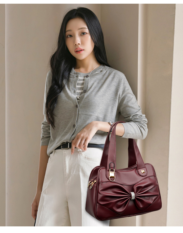 Rhinestone Bow Soft Leather Commute Tote Bag, Dual-use Crossbody Handbag - Image 6