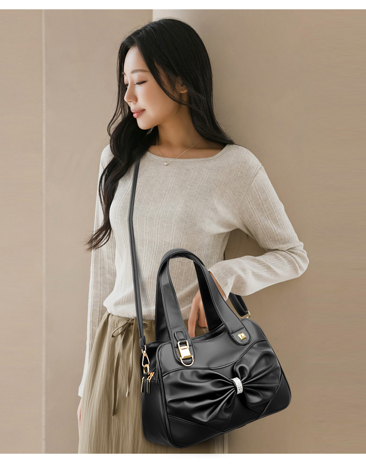 Rhinestone Bow Soft Leather Commute Tote Bag, Dual-use Crossbody Handbag - Image 9