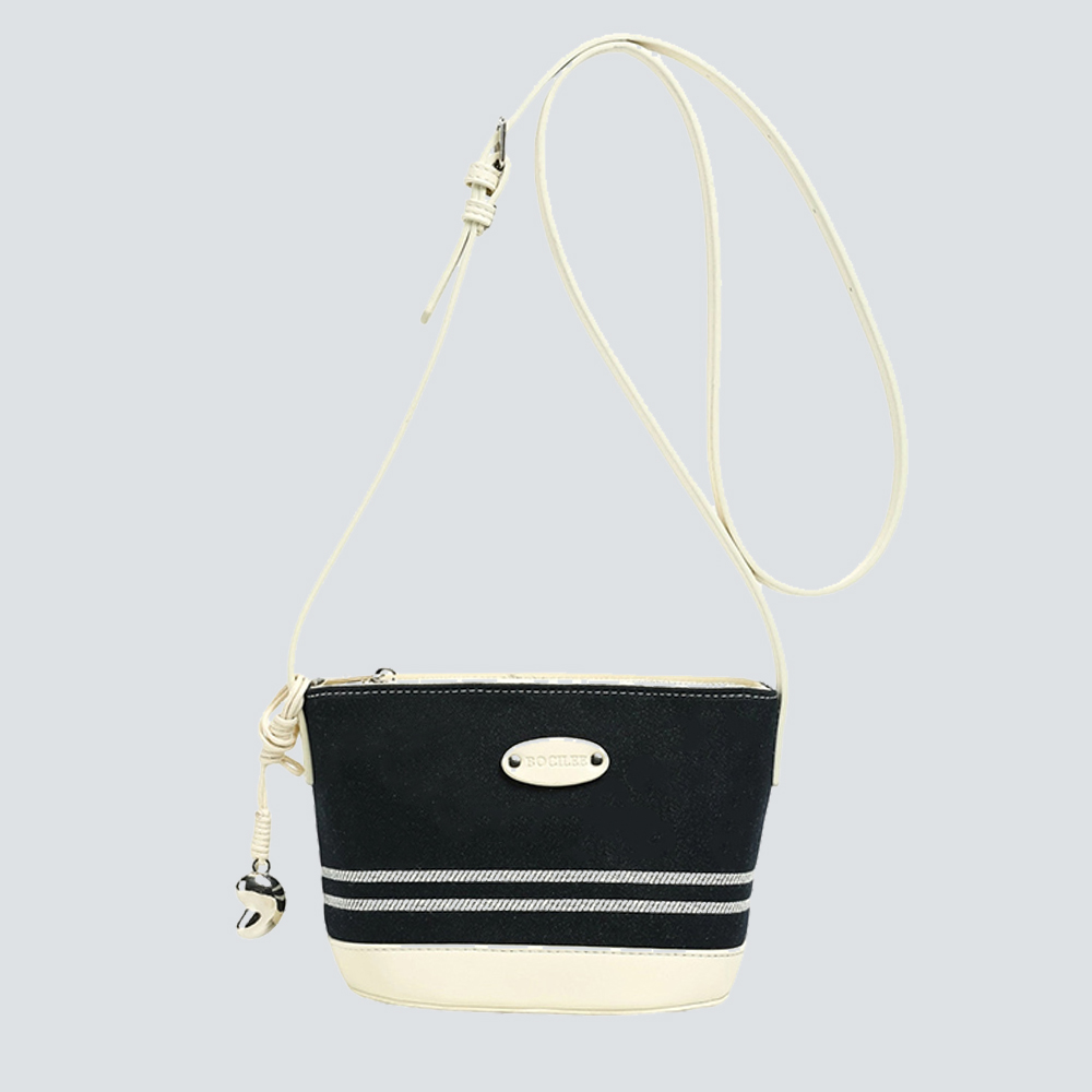 Black White Striped Canvas Mini Bucket Crossbody Bag