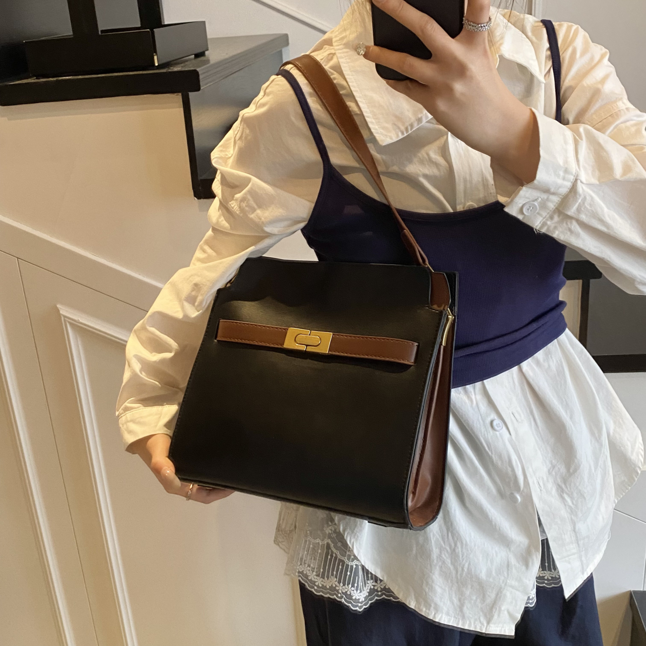 Caramel Color Block Leather Turn-Lock Large Commute Bucket Tote Bag - Image 5