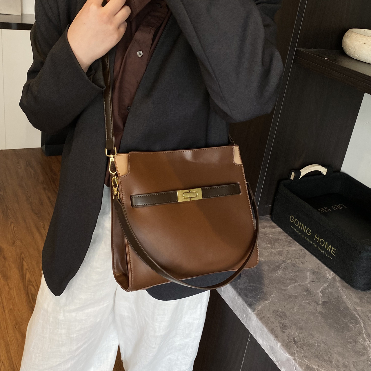 Caramel Color Block Leather Turn-Lock Large Commute Bucket Tote Bag - Image 6