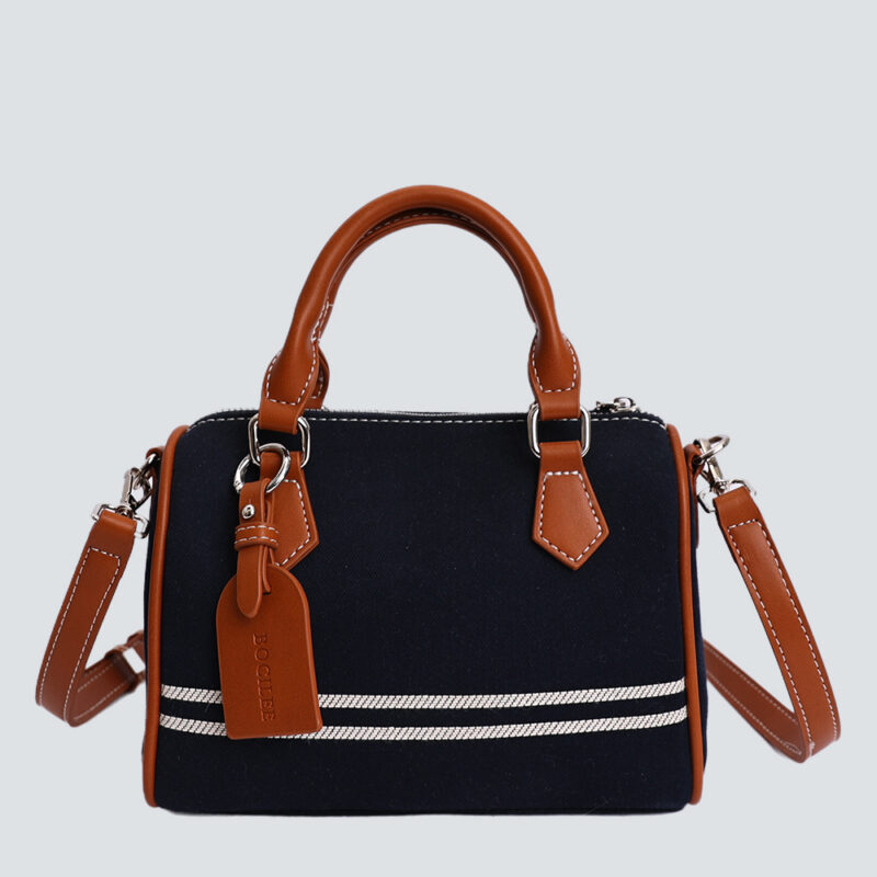 Vintage Striped Canvas Leather Mini Boston Handbag