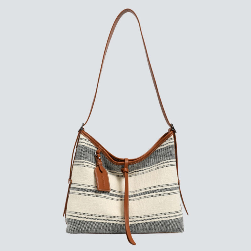 Vintage Striped Canvas Black Leather Hobo Tote Bag