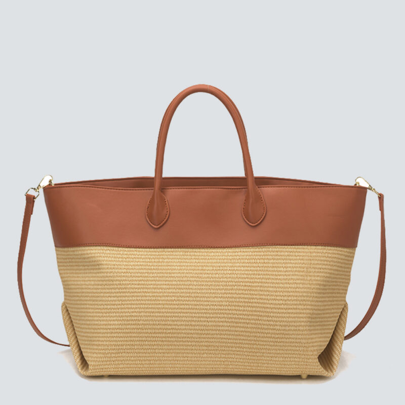 Straw & Leather Panel Large Vacation Tote Bag