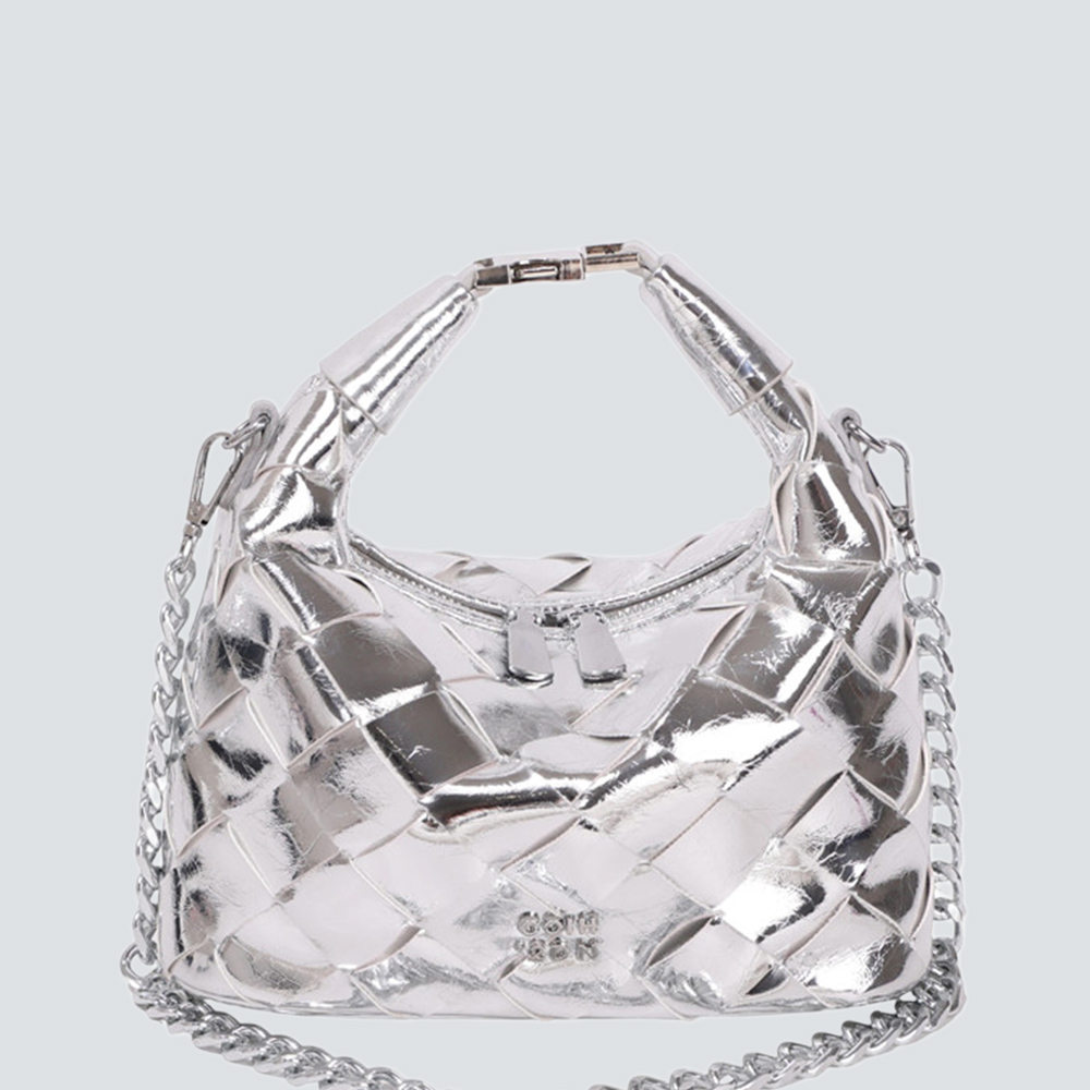 Metallic Silver Hand-Woven Mini Handle Bag