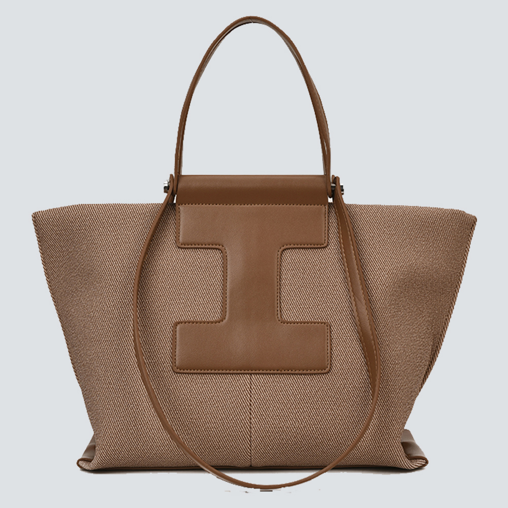 Brown Twill Canvas Leather I-Logo Large Commute Tote Bag - Image 4