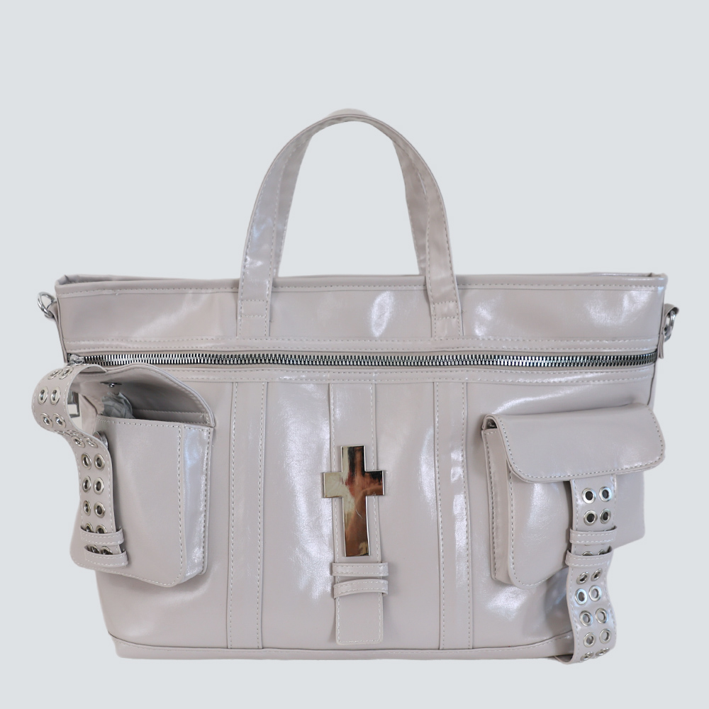Glossy Oil Wax Leather Cross Rivet Multi-Pocket Briefcase Tote Bag - Image 4