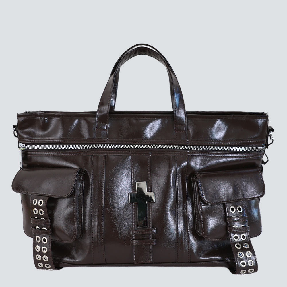 Glossy Oil Wax Leather Cross Rivet Multi-Pocket Briefcase Tote Bag - Image 3