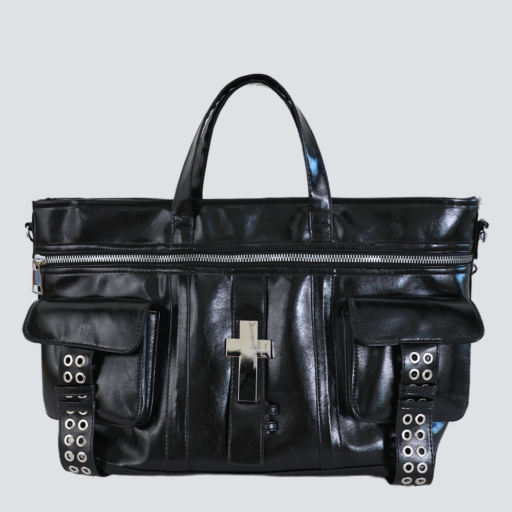 Glossy Oil Wax Leather Cross Rivet Multi-Pocket Briefcase Tote Bag