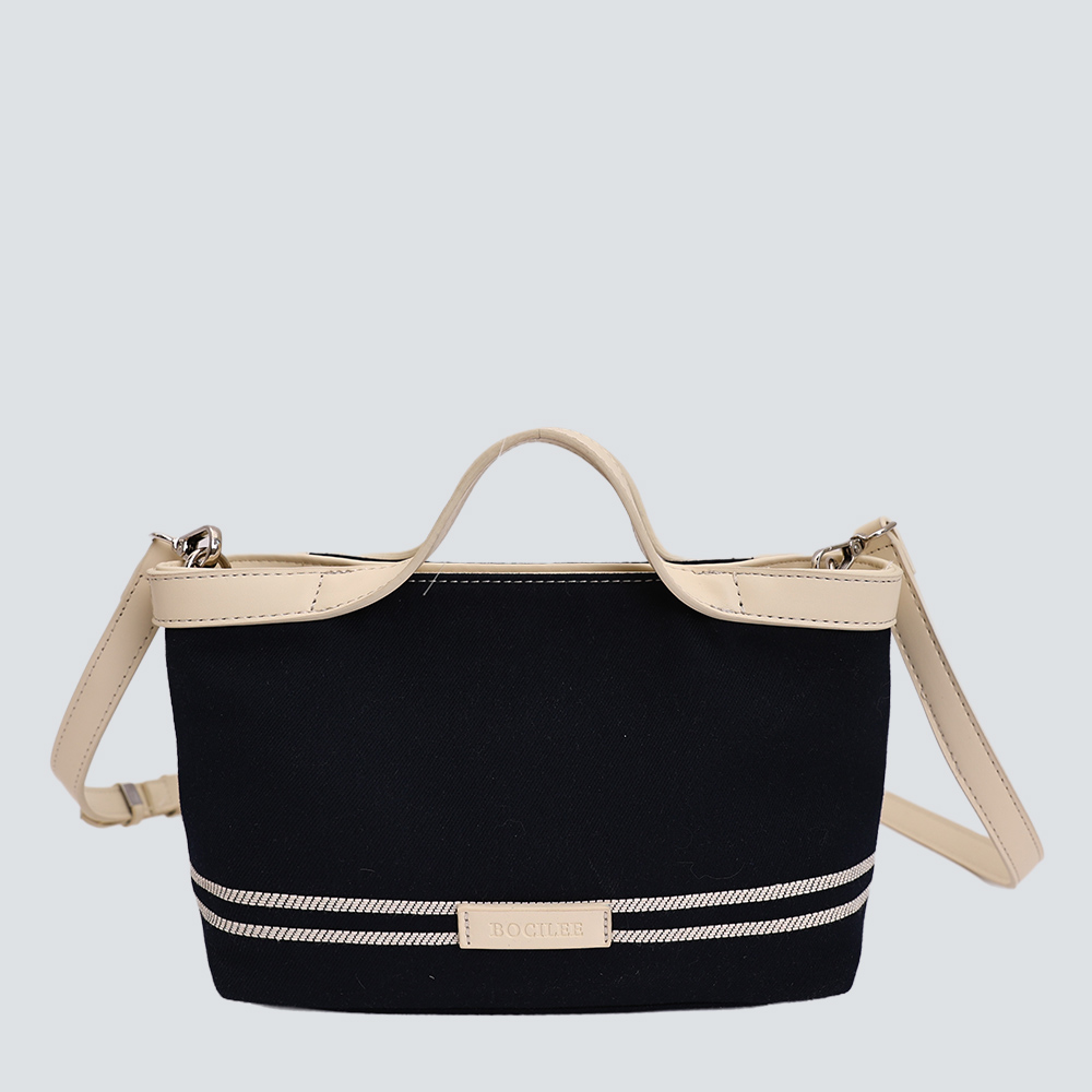 Black Canvas Double Stripe Mini Tote Bag With Cream Leather Trim - Image 3