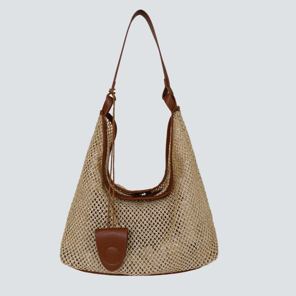 Beige Straw & Caramel Leather Vacation Hobo Shoulder Tote