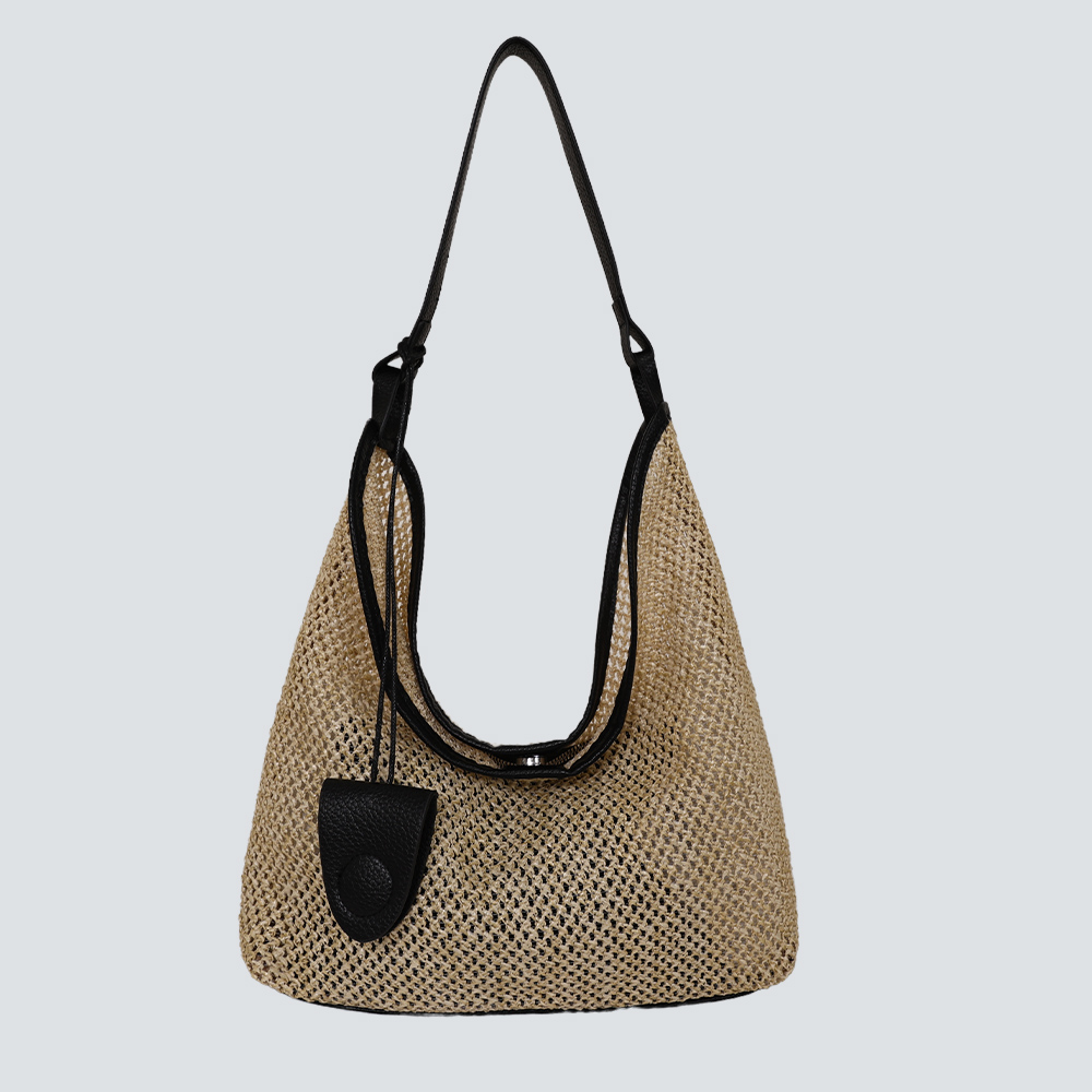 Beige Straw & Caramel Leather Vacation Hobo Shoulder Tote - Image 3