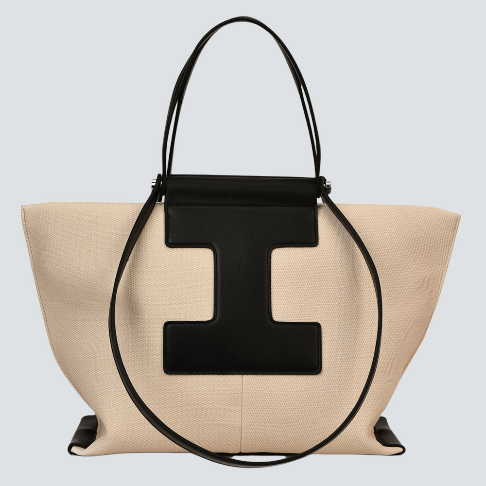 Brown Twill Canvas Leather I-Logo Large Commute Tote Bag
