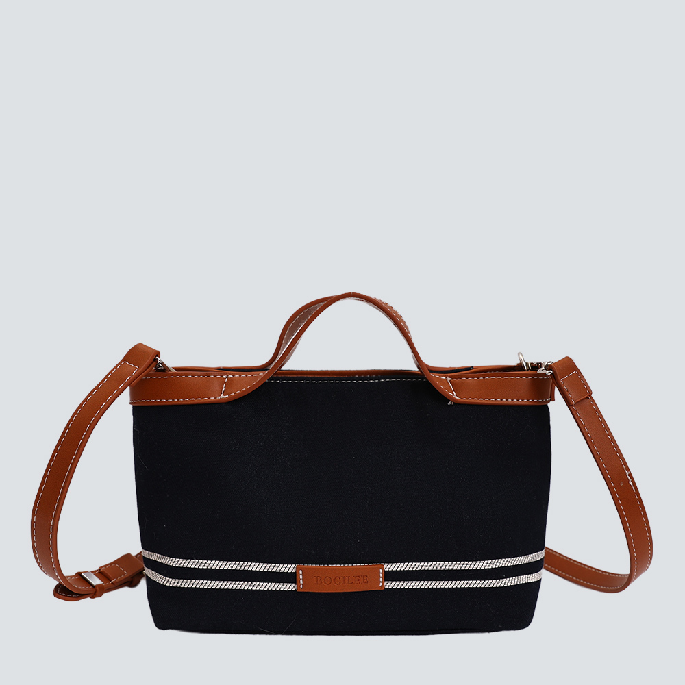 Black Canvas Double Stripe Mini Tote Bag With Cream Leather Trim