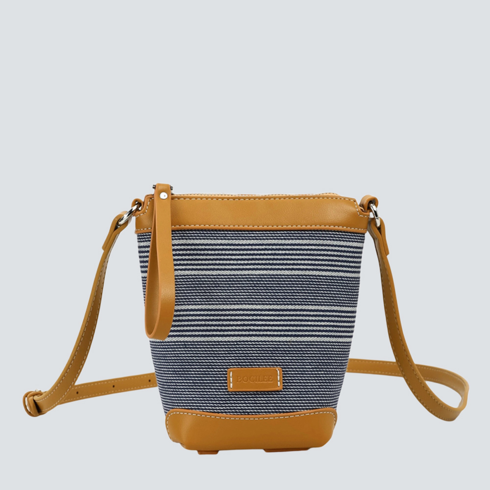 Vintage Blue Striped Canvas Leather Mini Bucket Crossbody Bag - Image 3