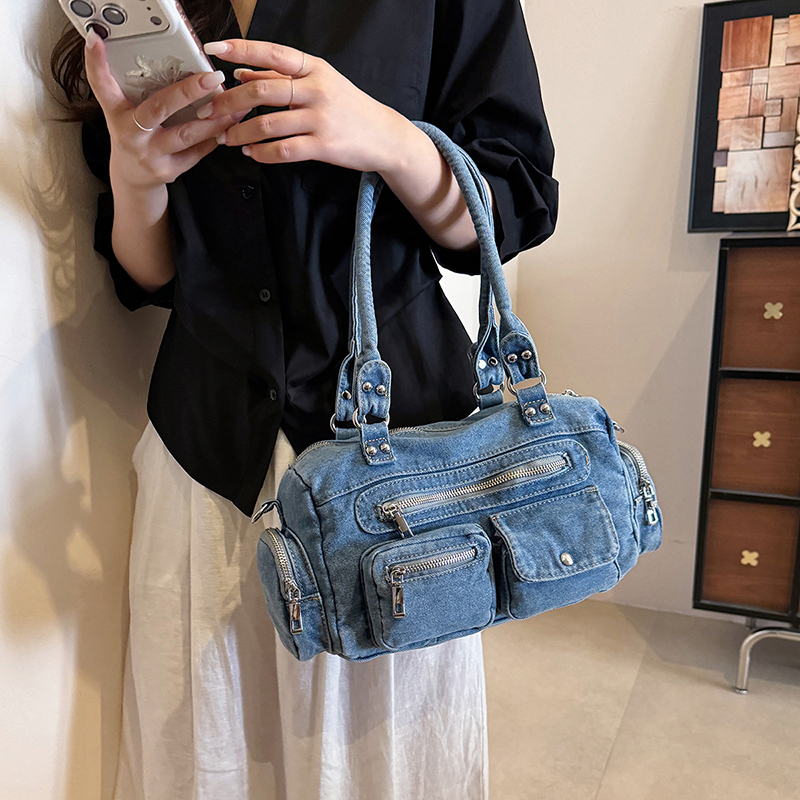 Vintage Washed Denim Multi-Pocket Moto Boston Handbag Crossbody Bag - Image 5