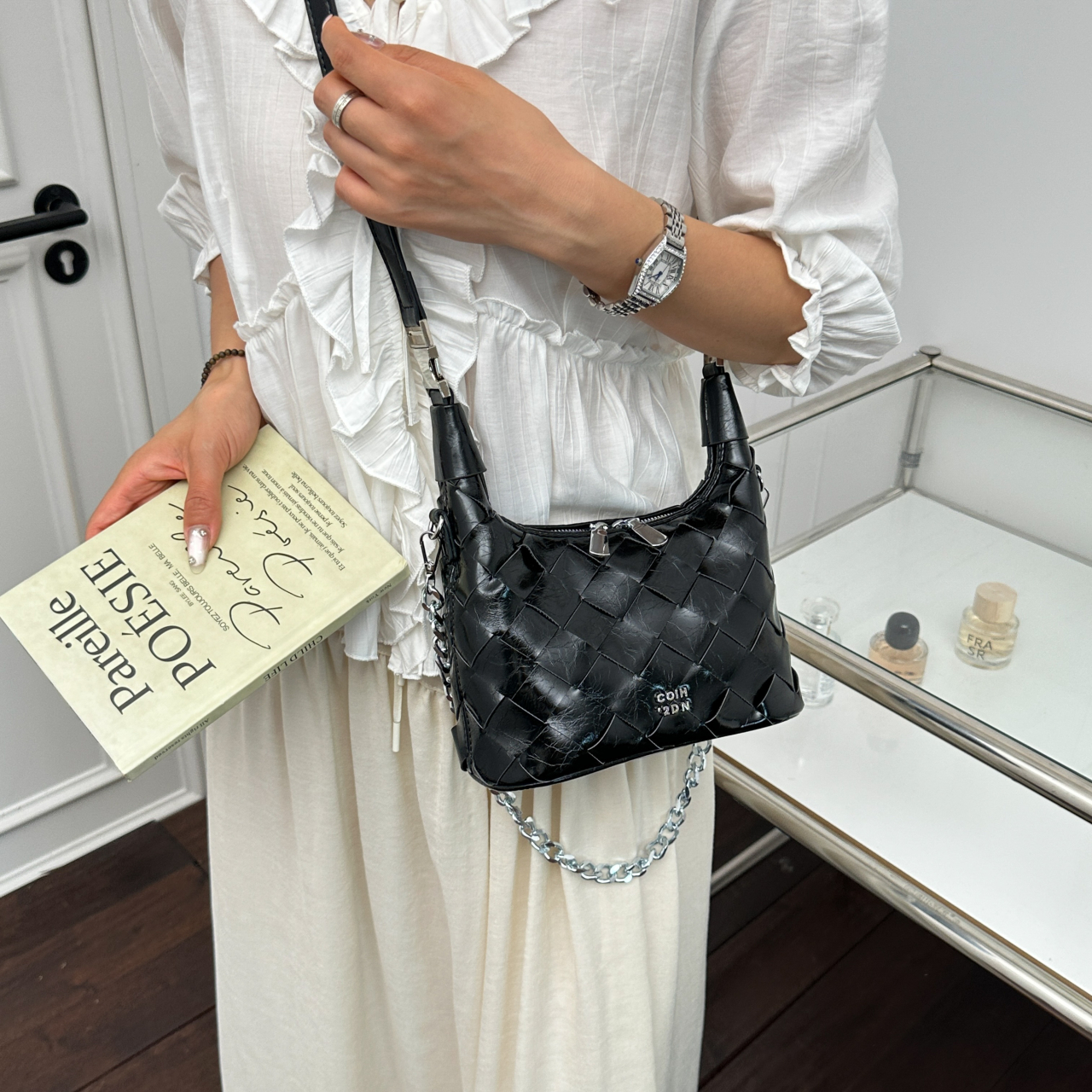 Metallic Silver Hand-Woven Mini Handle Bag - Image 7