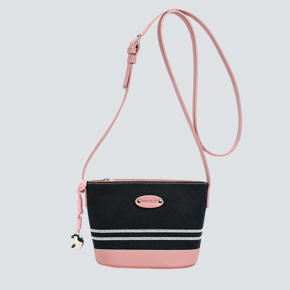 Black White Striped Canvas Mini Bucket Crossbody Bag - Image 3
