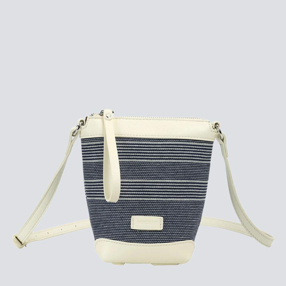 Vintage Blue Striped Canvas Leather Mini Bucket Crossbody Bag - Image 4