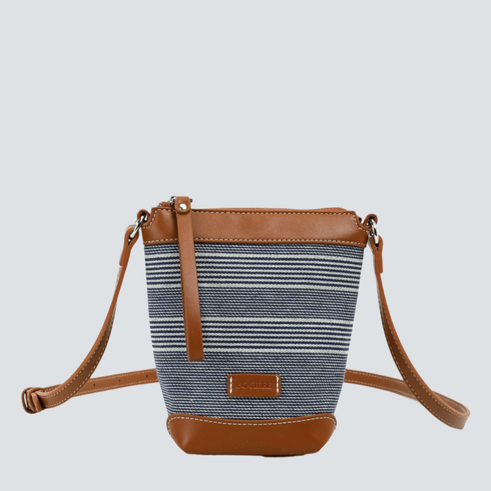Vintage Blue Striped Canvas Leather Mini Bucket Crossbody Bag