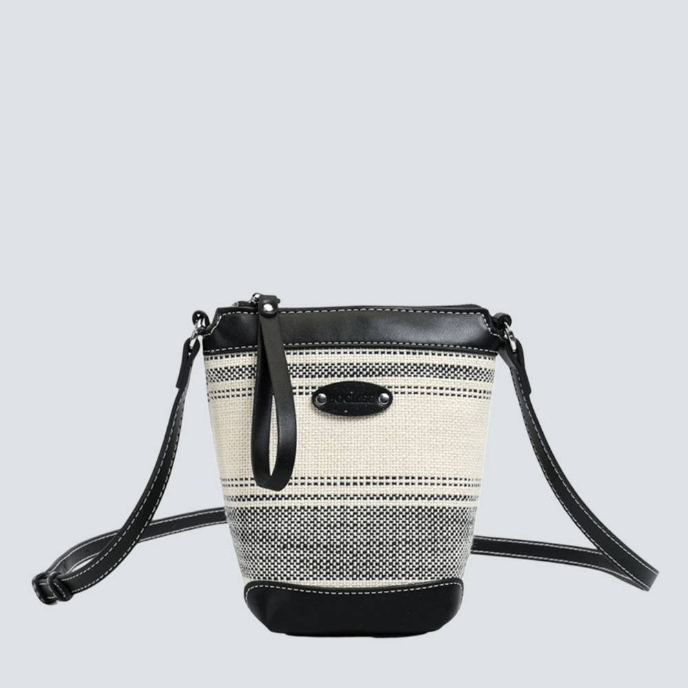 Cream Striped Canvas Leather Trim Mini Bucket Crossbody Bag - Image 3