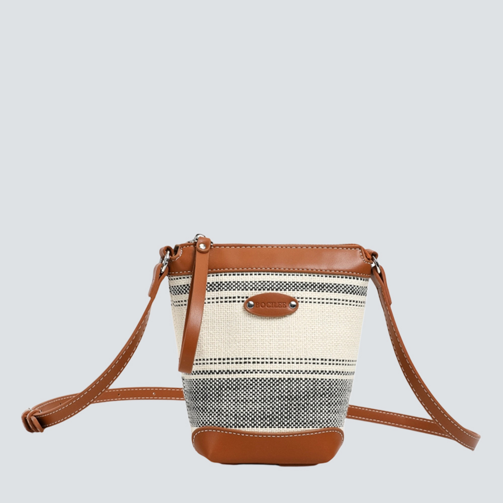 Cream Striped Canvas Leather Trim Mini Bucket Crossbody Bag