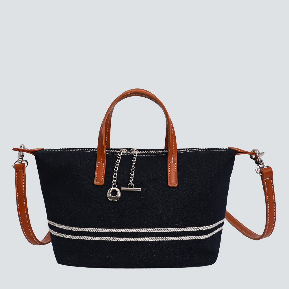 Black Canvas Double Stripe Mini Tote Bag With Brown Leather Trim