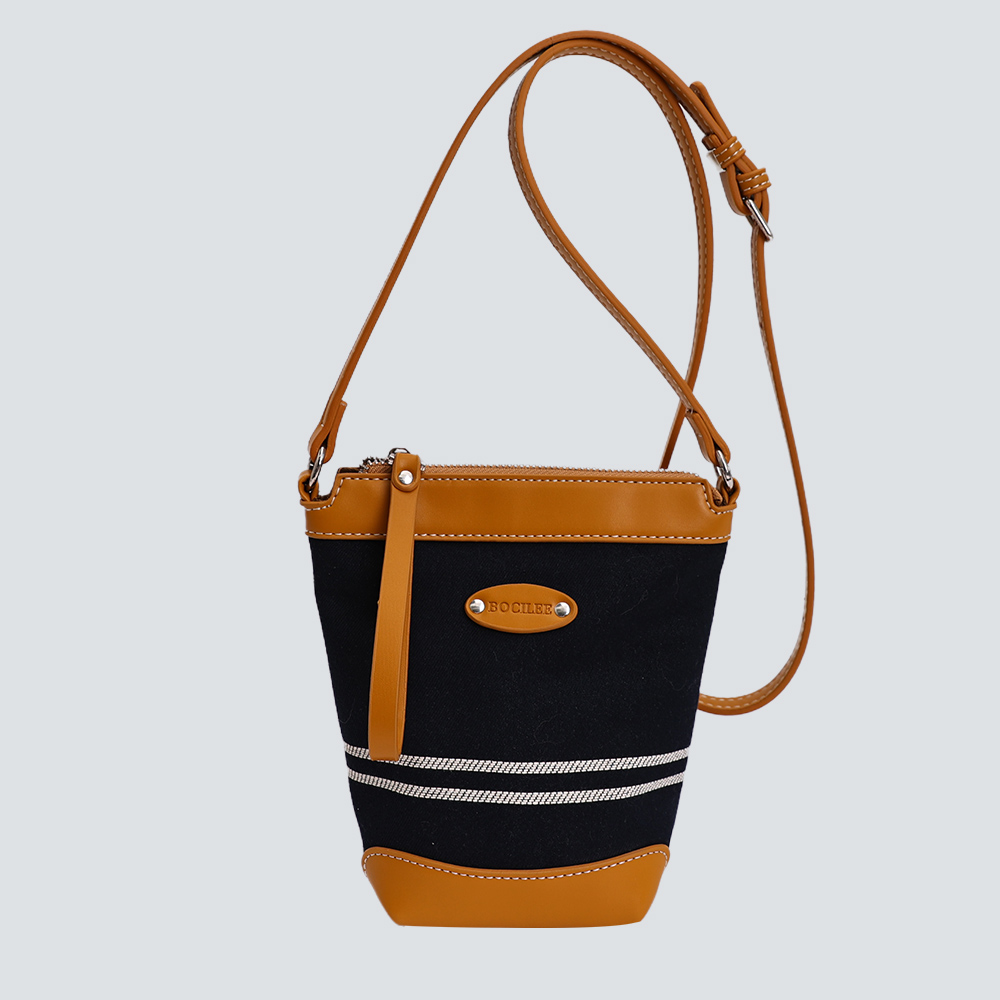 Black White Striped Canvas Leather Mini Bucket Crossbody Bag - Image 3